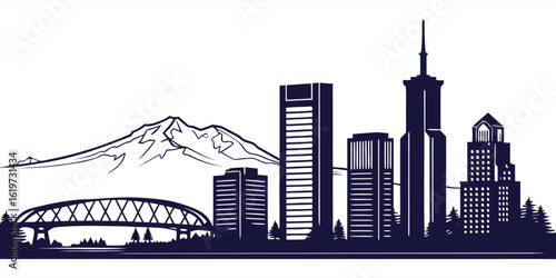 Mount Hood & Portland Skyline Silhouette - Vector Illustration