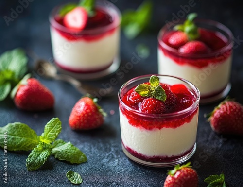 Three small, glass dessert cups filled with a creamy, white custard base topped with a vibrant red strawberry sauce and fresh strawberries. Fresh mint leaves garnish the desserts