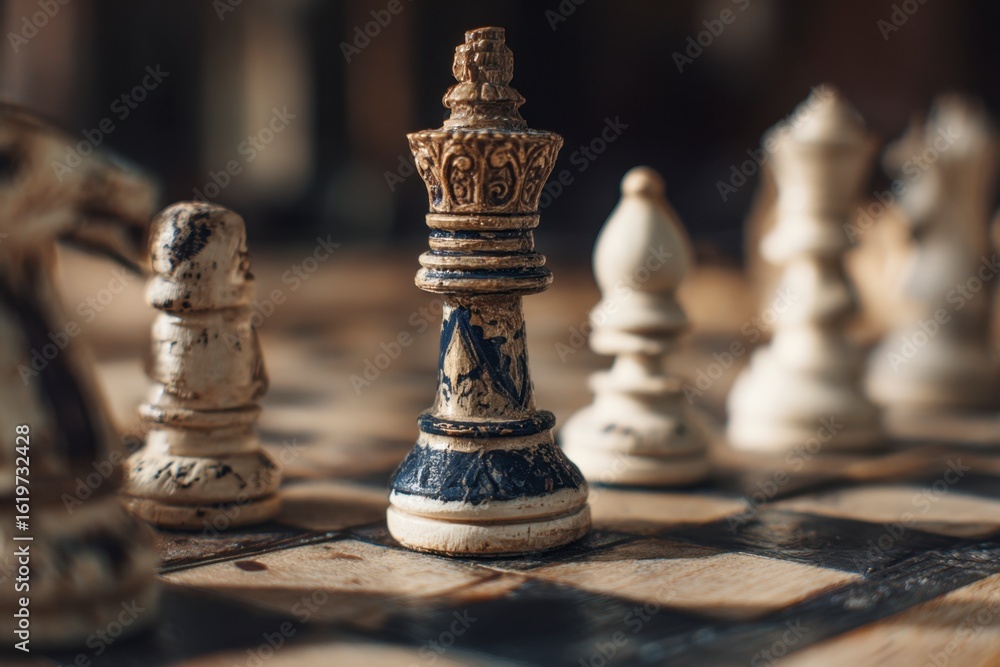 Fototapeta premium Chess Pieces on Board Focus on King