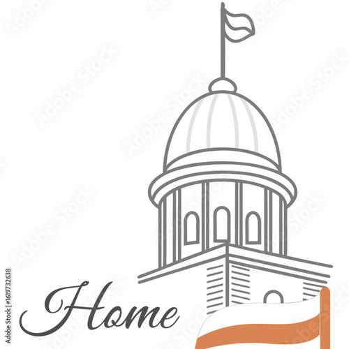 Stylized illustration of a domed building with a flag and the word home