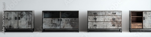 Four distressed gray metal cabinets with dark metal bases