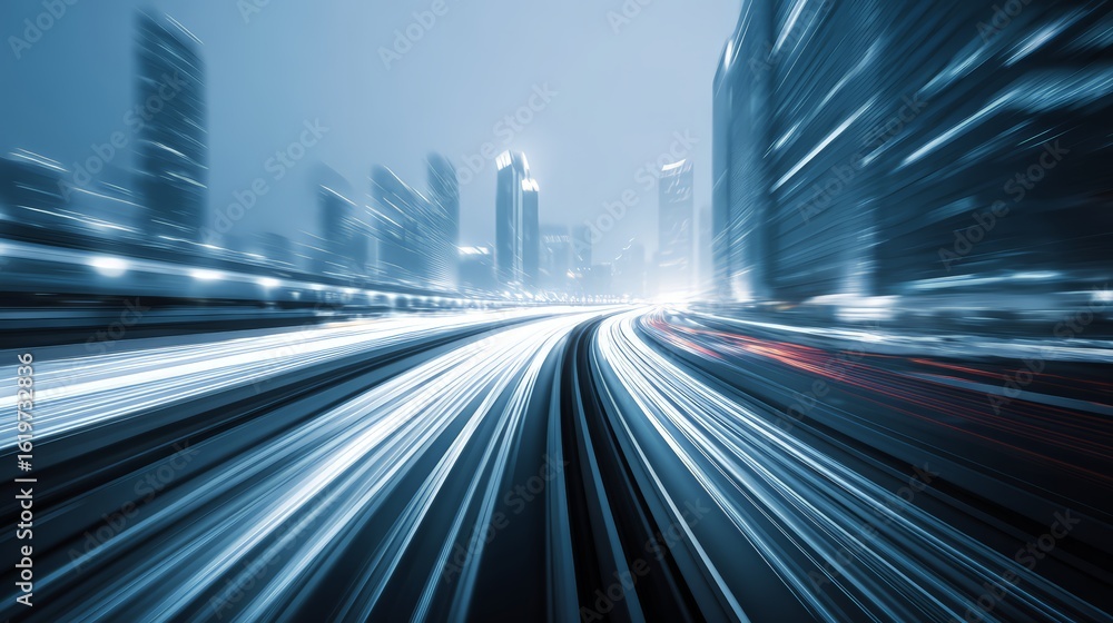 Fototapeta premium A dynamic urban scene showing light trails on a busy highway at night.