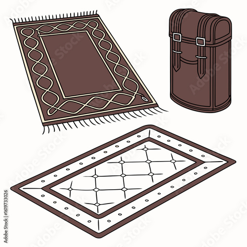 Illustration of two decorative rugs and a vintage leather satchel on a white background