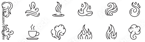 Various black and white line drawings of steam smoke and flames in different styles and shapes shown