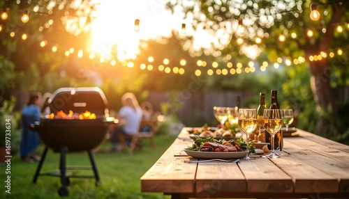 Sunset garden party with BBQ, food, and drinks on a rustic wooden table
