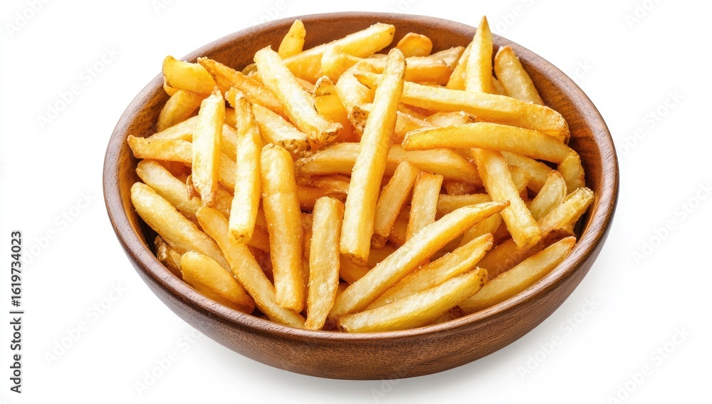 Golden french fries piled high in a wooden bowl Golden french fries piled high in a wooden bowl