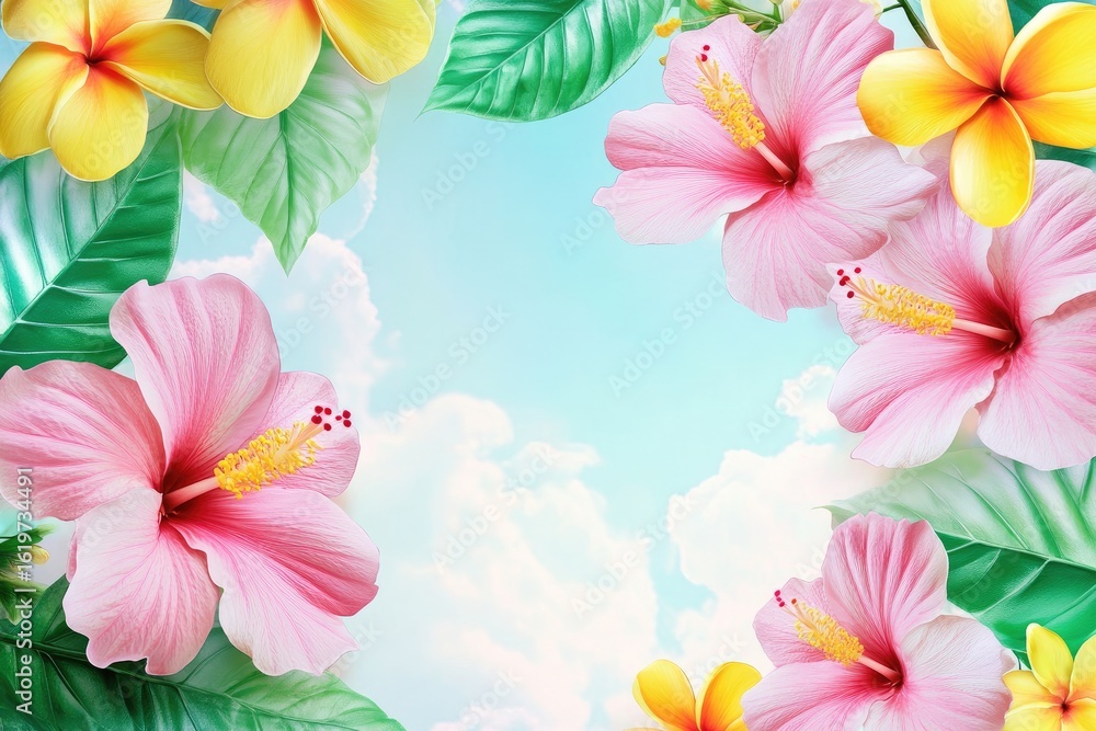 Vibrant floral frame with pink and yellow blossoms, tropical leaves, and a soft sky backdrop Vibrant floral frame with pink and yellow blossoms, tropical leaves, and a soft sky backdrop