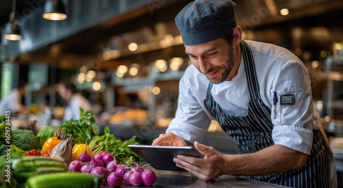 A chef in the kitchen uses an iPad to control advertising on digital screens, surrounded by fresh vegetables and stainless steel appliances, with busy staff members working behind them