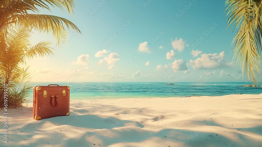 Obraz premium Ready for paradise A vintage suitcase awaits adventure on a sun kissed beach promising blissful escape under palm trees