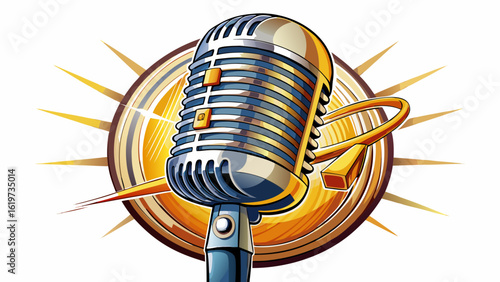 This vintage silver microphone cut out glows under studio light, evoking music’s golden age. Semi-realistic details highlight curves, grill lines, and the nostalgic power of sound and memory.
