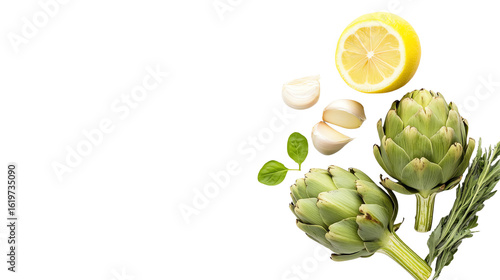 Wallpaper Mural Fresh artichokes, lemon, garlic, and herbs on a white isolated background. Torontodigital.ca