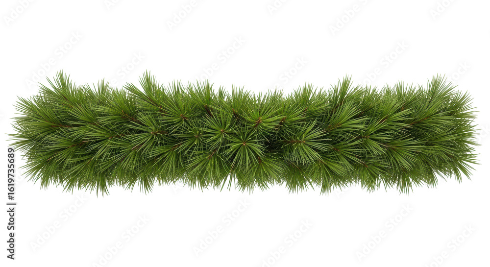 Obraz premium A vibrant green pine garland with clearly defined, lifelike needles and rich texture, isolated against a transparent studio background with clean, even illumination. Commercial product photography