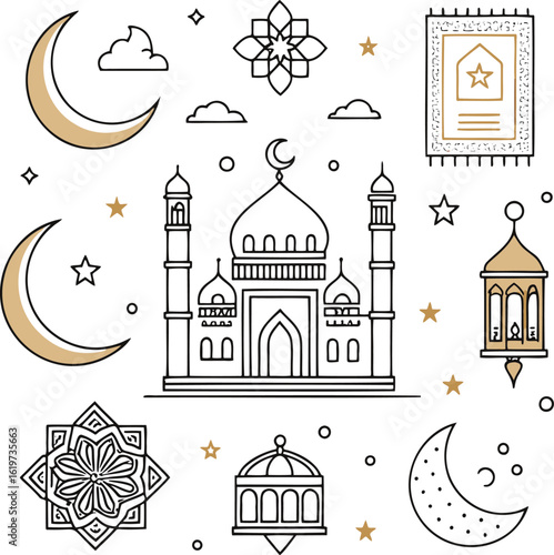 Islamic mosque crescent moon lantern star prayer rug geometric patterns vector