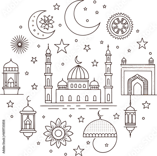 Islamic mosque crescent moon stars lanterns and floral motifs vector
