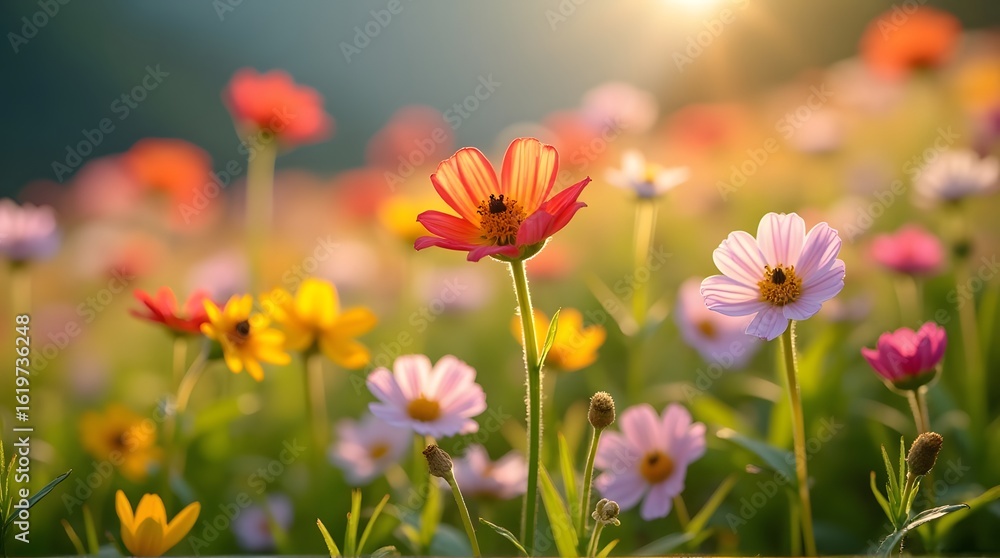 Vibrant Cosmos Flowers in Golden Hour Sunlight, Soft Focus Meadow Vibrant Cosmos Flowers in Golden Hour Sunlight, Soft Focus Meadow