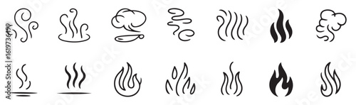 Various black and white line drawings of steam smoke and flames in different styles and shapes shown