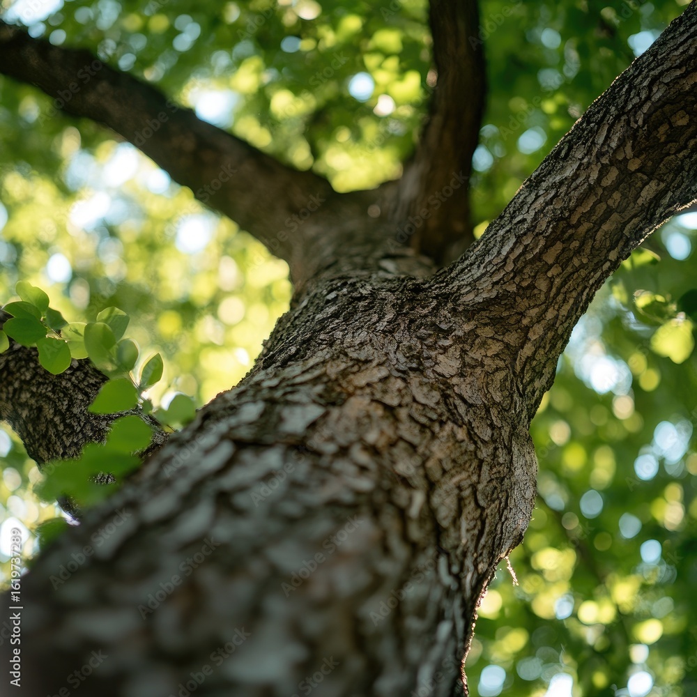 Fototapeta premium Low-angle view of a tree trunk, detailed bark texture, sunlight filtering through leaves