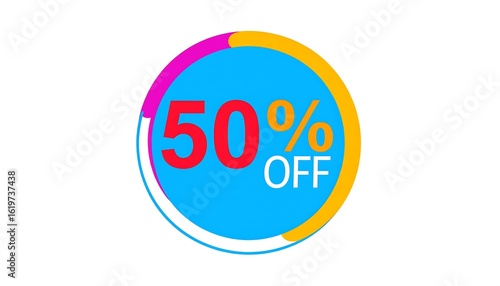 Colorful circular graphic with a 50% off sale offer