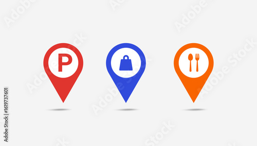 A set of three colorful location pin icons for GPS navigation, showing parking, shopping, and dining points of interest.