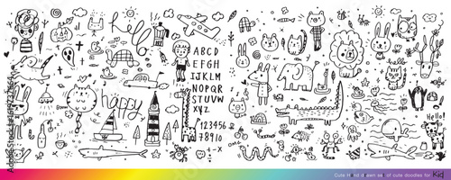 Collection of hand drawn cute doodles,Doodle children drawing,Sketch set of drawings in child style,Funny Doodle Hand Drawn,Page for coloring, cute animal hand drawn, cute Doodle