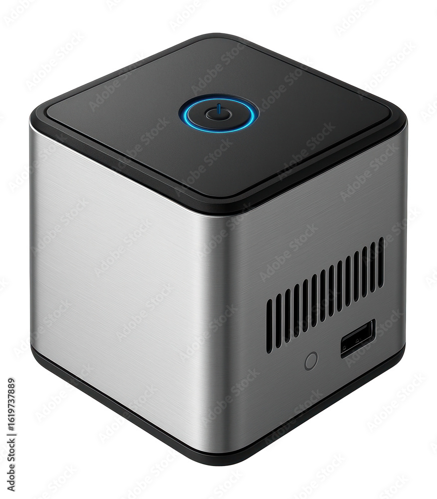 Fototapeta premium Cube-shaped mini-PC with a brushed metal finish and top-access power button