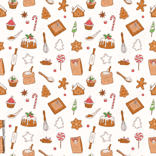 Colorful seamless pattern with cozy Christmas elements: gingerbread figures, sweets, baking tools, and gift boxes