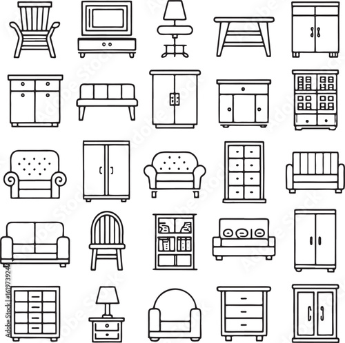 Various furniture items including chairs sofas cabinets tables and lamps vector