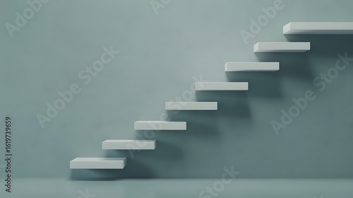 White floating stairs ascending against a muted teal wall background steps climbing