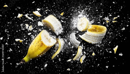 Exploding banana with peel fragments against black background