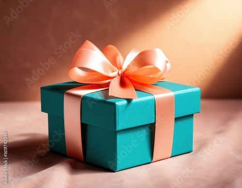 Wallpaper Mural teal gift box with peach ribbon on spotlight background. Torontodigital.ca