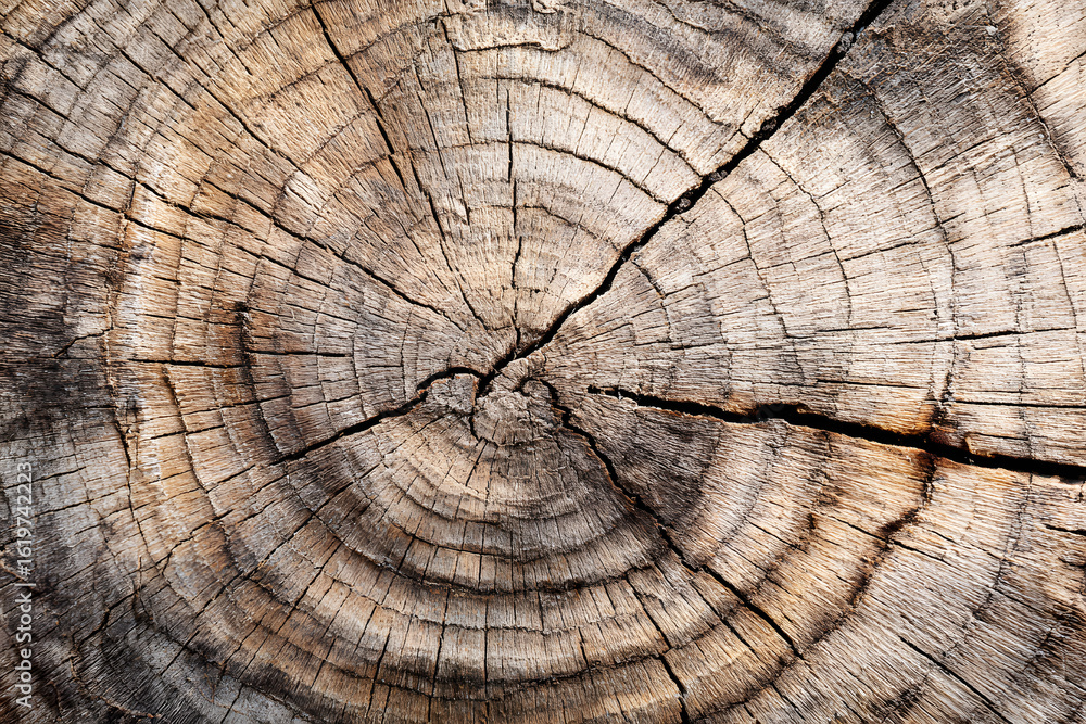 Fototapeta premium Large circular piece of wood cross section with tree ring texture pattern and cracks. Detailed organic surface from nature.