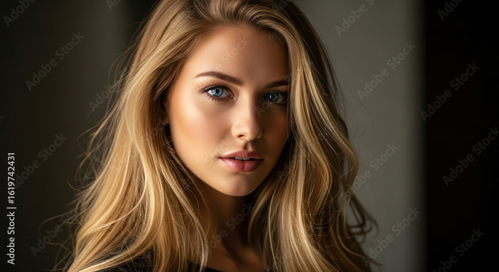 Fototapeta premium Stunning Blonde Woman Portrait Close up Beauty Shot Long Hair Blue Eyes Natural Makeup