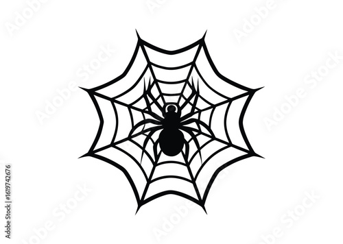 Spider on web silhouette black vector white background