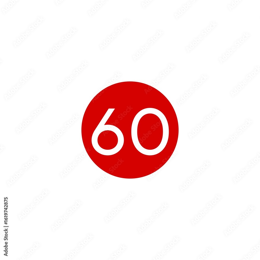 This image shows a red circle with the number 60 in white, centered on a plain white background This image shows a red circle with the number 60 in white, centered on a plain white background