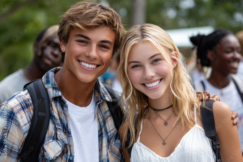 Obraz premium two young people smiling and walking arm in arm, with their friends around them.