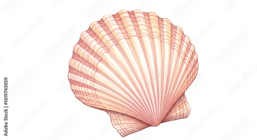 Fototapeta premium Elegant Pink Scallop Seashell Detailed Watercolor Illustration Ocean Theme Summer Beach Decor