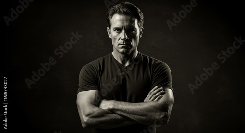 Man Standing with Arms Crossed Against Dark Background