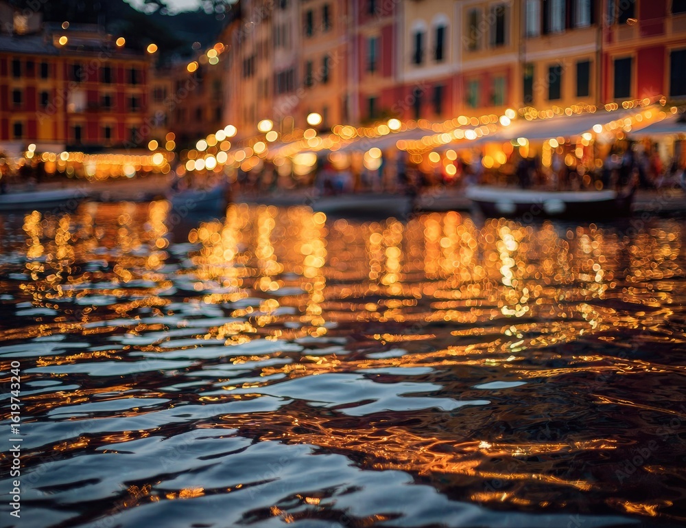Fototapeta premium Night lights reflected on calm water near a waterfront village