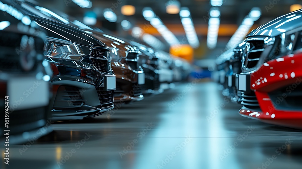 Obraz premium A row of new cars parked in a showroom with a glossy floor and bright overhead lighting system visible