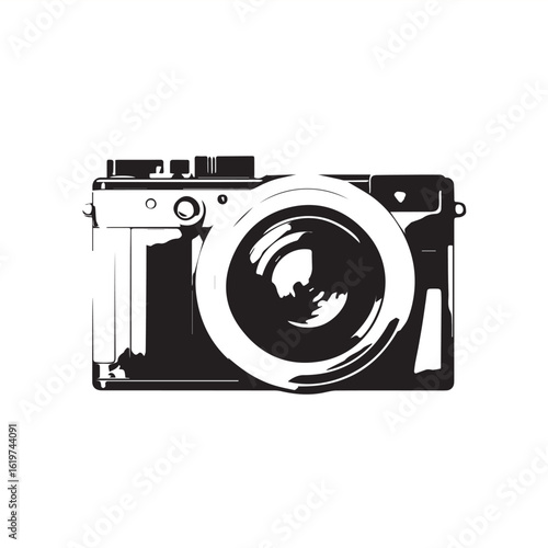 Flat vector of a compact digital camera with lens and buttons