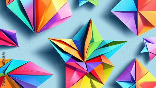 Colorful 3D origami star on a blue background
