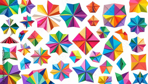 Colorful origami stars and flowers Abstract 3D papercraft