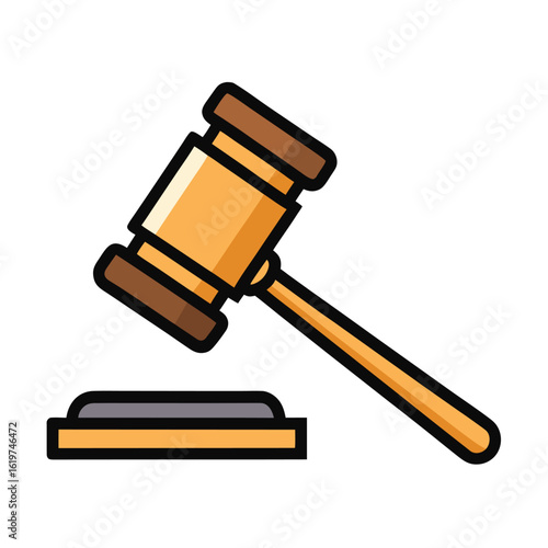 Cartoon illustration of a wooden gavel with a sound block representing the concept of law legal proceedings justice and judicial decisions on a white