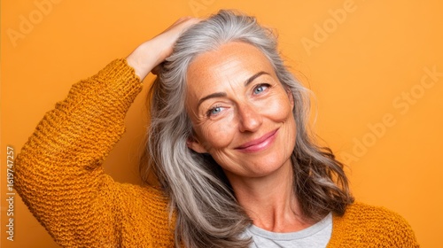 Smiling Mature Woman with Grey Hair in Yellow Sweater