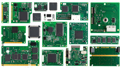 Green Close up detailed view of various electronic circuit boards and microchips representing technology innovation and the inner workings of modern digital isolated on transparent or white background
