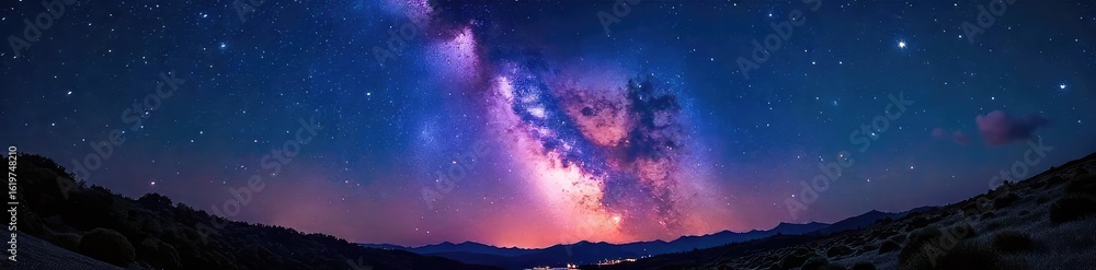 Naklejka premium A vibrant summer night sky filled with countless twinkling stars, the Milky Way stretching across the scene Perfect for travel, astronomy, and summer themes , night, deep space, stars