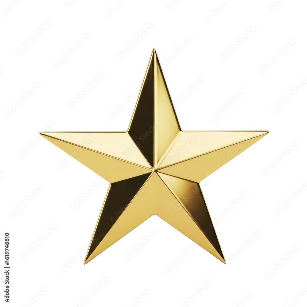 Obraz premium A single, five-pointed, lustrous metallic gold star, highly polished and reflective with sharp contours, against a pure, transparent background with bright, shadowless studio lighting,