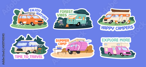 Set of vintage campers. Stickers with trailers for travel in nature. Vans, caravans for camping. RV, motorhomes for hiking. Transport for trekking. Active tourism. Flat isolated vector illustrations