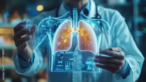 A doctor carefully examines a virtual lung x-ray projection with focused attention. The integration of advanced technology in medical diagnostics. Generative AI.