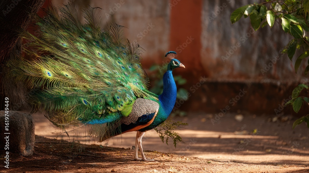 Obraz premium Peacock in garden displays vibrant plumage